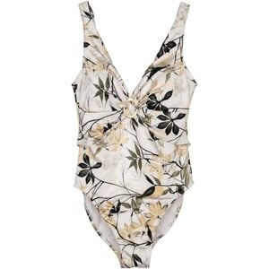 Miraclesuit Floral One Piece Swimsuit Womens Size 16 V-Neck Gold Cream Wireless